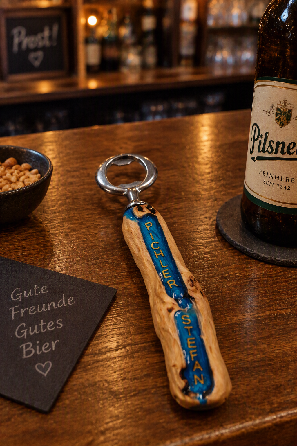 Flaschenöffner Bar Bier Wein Werbemittel Geschenk Firmen Werbegeschenk Holz Weinrebe Unikat 